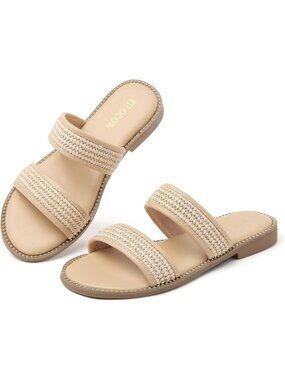 🆕 Women's Cream Woven Knit Studded Flat Two Strap Slide Sandals